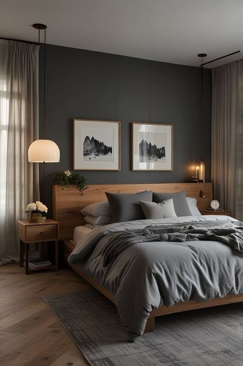 Men’s Neutral Bedroom, Semi Industrial Bedroom, Men’s Two Bedroom Apartment, Men’s Bedroom Design, Grey Walls Bedroom Decor, Men’s One Bedroom Apartment, Men Apartment Aesthetic, Black And Wood Bedroom Ideas, Room Makeover Minimalist