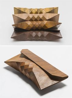 Wearable wood clutches by Israeli designers Tesler e Mendelovitch. Mode Origami, Wooden Purse, Wooden Bag, Diy Bags Purses, Wood Sunglasses, Wooden Accessories, Wood Accessories, Experiential, Objects Design