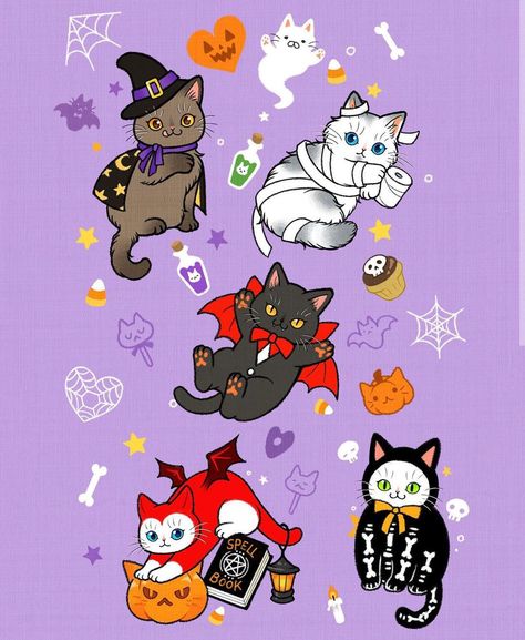 Halloween Cats Illustration, Vampire Cats, Spooky Kitty, Vampire Cat, Samhain Halloween, Halloween Cats, Cat Comics, Cat Character, Halloween Drawings