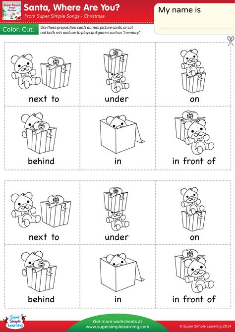 Santa, Where Are You? Worksheet – Prepositions of Place | Super Simple Place Vocabulary, Preposition Worksheets Kindergarten, Christmas Worksheet, Learning Kindergarten, Preposition Worksheets, English Prepositions, English Grammar For Kids, English Worksheets For Kindergarten, Grammar For Kids