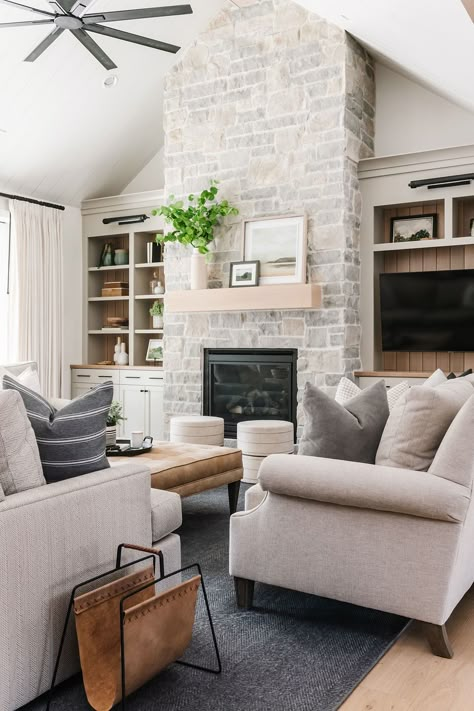 Living Room Fireplace Shelving, Tv Next To Fireplace Layout, Off Center Fireplace, Cabin Fireplace, Transitional Farmhouse, Fireplace Built Ins, Modern Farmhouse Living, Apartment Decoration, Modern Farmhouse Living Room