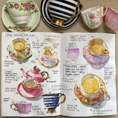 No-pressure teacup sketching - Liz Steel : Liz Steel Watercolor Teacup, Tea Cup Drawing, Liz Steel, Botanical Sketchbook, Whimsical Art Journal, Watercolor Art Journal, Animation Art Sketches, Watercolor Journal, Traditional Artwork