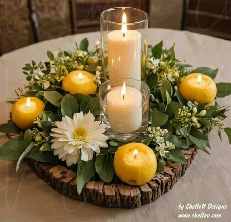 Italian Wedding Centerpieces, Lemon Centerpiece Ideas, Lemon Tablescape, Fruit Flower Basket, Hotel Flower Arrangements, Thanksgiving Table Decor Ideas, Lemon Centerpieces, Ivory Pillar Candles, Lemon Theme