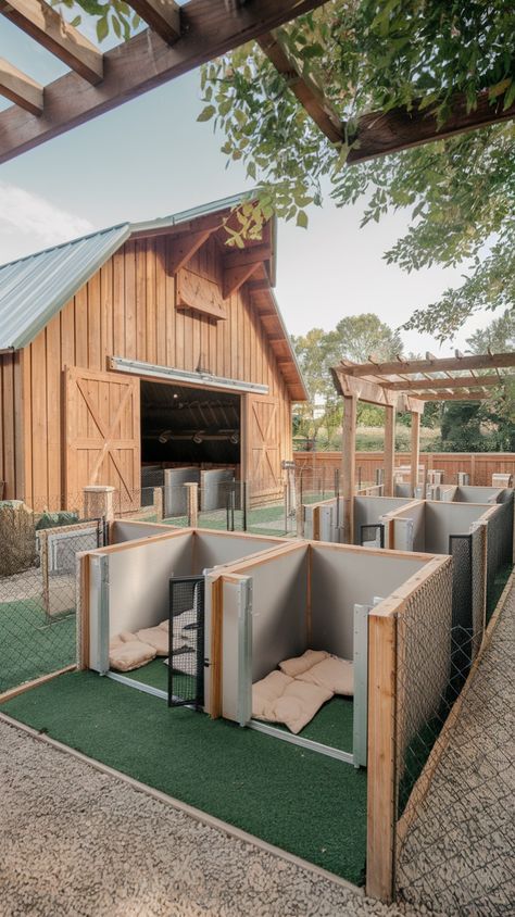 Explore barn-style dog kennel designs with outdoor runs. Featuring wooden exteriors, pitched roofs, and fenced play areas, these ideas are perfect for rural boarding facilities or home setups. Dogs will love the natural charm and outdoor freedom. #DogBoardingKennelIdeas #RusticKennels #OutdoorDogKennels Dog Playground Indoor, Boarding Facility Ideas Dog, Dog Boarding Facility Ideas Floor Plans, Outdoor Dog Kennel Designs, Dog Boarding Kennel Ideas, Indoor Dog Kennel Ideas, Dog Breeding Kennels Ideas, Boarding Kennel Ideas, House Dog Ideas