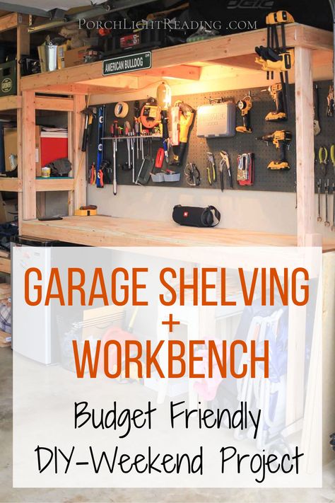 Garage shelving and workbench combo. Turning chaos into…organized chaos. Budget friendly DIY #garageshelving #garageshelvingworkbenchcombo #garagestorage Workbench Diy, Garage Workbench Plans, Diy Garage Work Bench, Diy Garage Storage Cabinets, Garage Organization Tips, Garage Workshop Organization, Workbench Plans Diy, Garage Storage Shelves, Garage Door Makeover