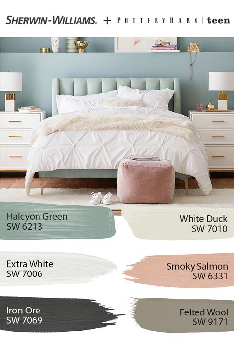 Find Sherwin-Williams paint colors that are perfect for your teenager's bedroom! To get your DIY painting project started, tap this pin to explore the entire @potterybarnteen Spring/Summer 2020 palette.  #sherwinwilliams #potterybarn #potterybarnteen #lovemypbteen #bedroom #decor #design #paintinspo #diy Room Paint Colors Bedroom, Teen Room Colors, Halcyon Green, Girls Room Paint Colors, Girls Bedroom Paint Colors, Girls Bedroom Color Schemes, Teen Bedroom Colors, Girls Bedroom Paint, Girls Room Paint