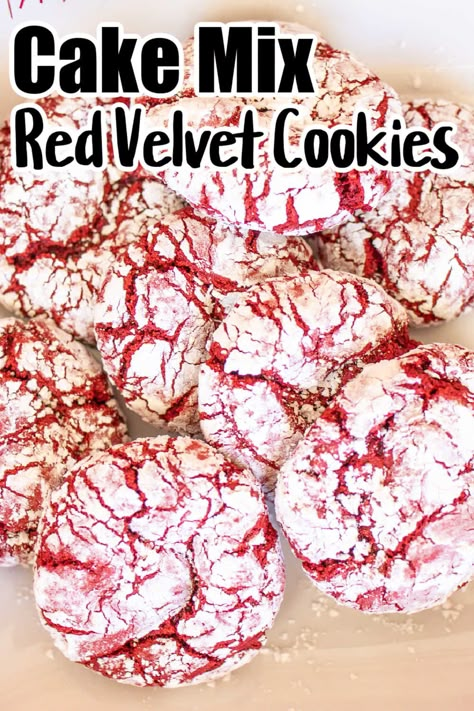 Cake mix red velvet crinkle cookies are so easy to make, and pretty! Just 4 ingredients makes this cheap cake mix recipe for dessert. Red Velvet Box Cake Recipe, Crinkle Cookies Recipe Cake Mixes, Red Velvet Cake Mix Recipes, Crinkle Cookies Cake Mix, 5 Ingredient Cookies, Homemade Christmas Cookie Recipes, Red Velvet Cake Cookies, Red Velvet Cake Mix Cookies, Red Velvet Crinkles