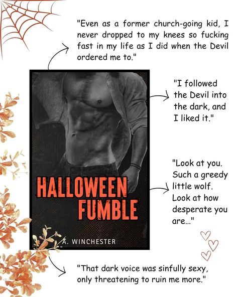 Happy Release Day "Halloween Fumble " @awinchesterauthor 💫🌟 Heeyya booklovers🧡 Are you guys in a mood for a spicy Halloween MM romance novella☺️ Then "Halloween Fumble" is an amazing choice!🌟 This is a prequel novella for @awinchesterauthor 's next book, "Game On,"🌟 "Halloween Fumble,"is currently available on KU😁🧡 My Thoughts 🧡 🌟🌟🌟🌟🌟 🌶🌶🌶 Halloween Fumble is a quick, spicy, and delicious read😉 Rhodes with his devil mask, and His greedy little Wolf Theo will make you all hot and bothered.... Halloween Romance Books, Halloween Romance, In A Mood, Devil Mask, Mm Romance, My Thoughts, Game On, Look At You, Rhodes