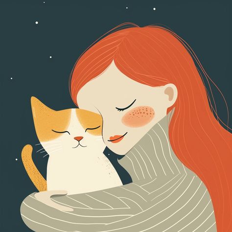 🌟💎Charming Illustrations with Midjourney Prompts: Tap the Link in my Profile🔗👈 Cat And Girl Illustration, Woman And Cat Illustration, Girl With Cat Illustration, Holding A Cat, 3d Art Drawing, Mom Art, Cats Illustration, Illustration Girl, Plant Art