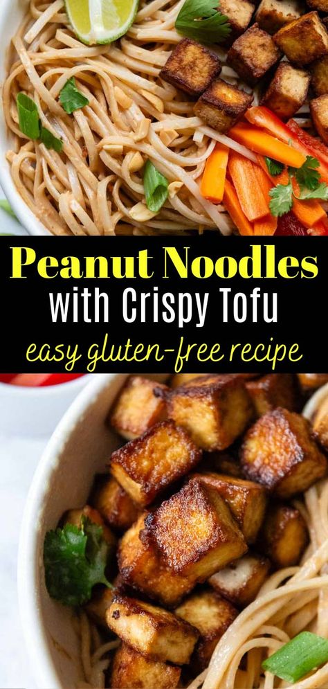 When you are looking for restaurant-worthy taste, but want an easy homemade recipe, these saucy peanut noodles with crispy gluten-free tofu absolutely hit the mark! The 5-minute peanut sauce nails the balance of savory, salty, spicy, and a hint of honey sweet. Toss the creamy sauce with rice noodles, and top with golden pan-fried tofu for a gluten-free and vegan meal better than take-out. Mamagourmand Recipes, Asian Keto, Tofu Peanut, Noodles With Tofu, Rice Noodle Recipes, Pan Fried Tofu, Gluten Free Cookbooks, Gluten Free Dinner Easy, Peanut Noodles