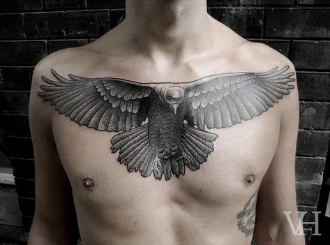 Eagle Chest Tattoo, Hawk Tattoo, Tattoo Chest, Flying Bird Tattoo, Black Tattoo Cover Up, Crow Tattoo, Cool Chest Tattoos, Pieces Tattoo, Chest Piece Tattoos