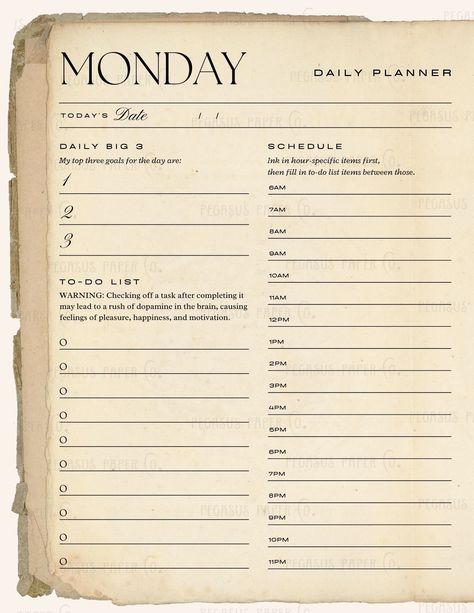 "Weekly Printable Planner Pages This vintage weekly planner printable is formatted for US Letter paper.  It contains a page with room for planning notes for the week, Monday through Sunday planner pages, and both lined and unlined note pages.  You also get a bonus decorative Pegasus Paper Co. notes page. Each weekly planner page has a place to record your top 3 goals for the day, a to-do list, and a 6 AM to 11 PM hourly schedule. 273 PPI, US Letter size. FOR A FULL PAGE PLANNER: You can print it Retro Planner, Planner Handwriting, Agenda Vintage, Vintage Planner, Book Printables, Book Junk Journal, Vintage Academia, Journal Style, Hourly Schedule