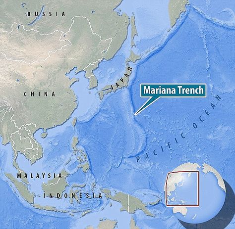 The Mariana Trench (marked on the map) is the deepest part of the world's oceans. It is located in the western Pacific Ocean, to the east of the Mariana Islands. The trench is 1,580 miles (2,550 km) long but has an average width of just 43 miles (69 km) Mariana Trench Ocean, Mysterious Places On Earth, Challenger Deep, Ocean Trench, Mariana Trench, Baleen Whales, Mariana Islands, Ocean Current, Marianas Trench