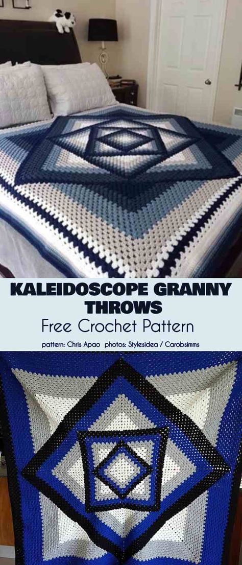 Kaleidoscope Granny Throw Best Ideas | Your Crochet Crochet Granny Square Blanket Pattern, Crochet Blanket Stitch Pattern, Crochet Blanket Tutorial, Granny Blanket, Crocheted Blankets, Afghans Crochet, Crochet Bedspread Pattern, Crochet Granny Square Blanket, Crochet Quilt