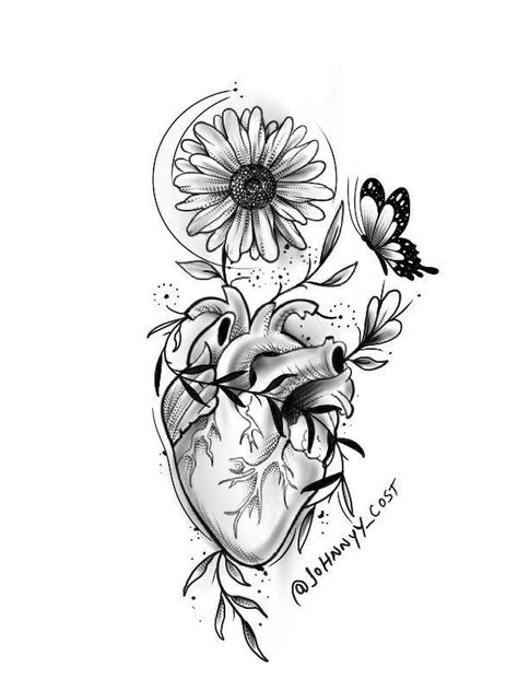 Half Heart Half Brain Tattoo With Flowers, Heart And Flowers Drawings, Heart With Flowers Drawing, Heart Flowers Tattoo, Anatomical Heart Tattoo With Flowers, Heart And Flower Tattoo, Heart Tattoo With Flowers, Heart With Flowers Tattoo, Brain Tattoos