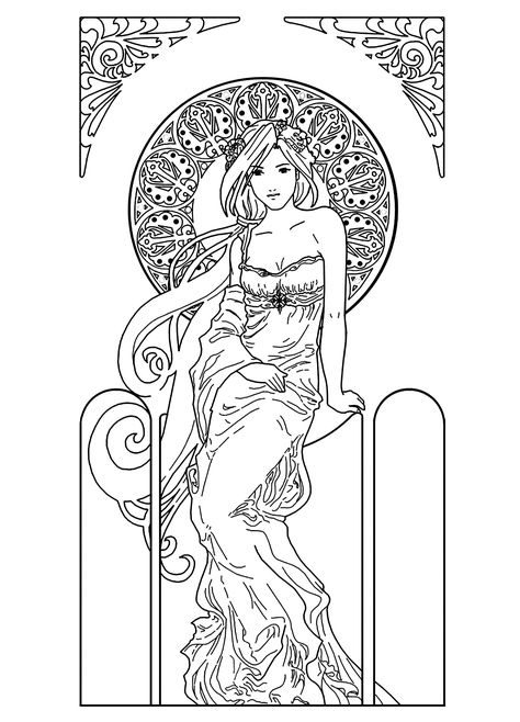 Drawing of a woman, Art nouveau style | From the gallery : Art Nouveau Motifs Art Nouveau, Illustration Art Nouveau, Mucha Art, Alfons Mucha, Art Nouveau Illustration, Adult Colouring Pages, Adult Coloring Book Pages, Desenho Tattoo, Alphonse Mucha