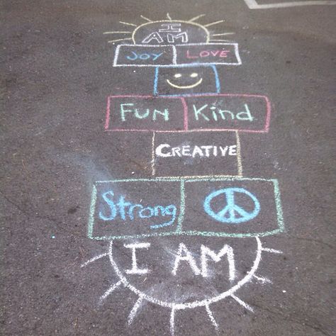 Affirmation hopscotch Chalk Hopscotch Ideas, Side Walk Chalk Ideas Hop Scotch, Chalk Hopscotch, Affirmation Hopscotch, Sidewalk Games Painted, Outdoor Play Activities, Outdoor Kids Play Area, Playground Games, Kids Outdoor Play