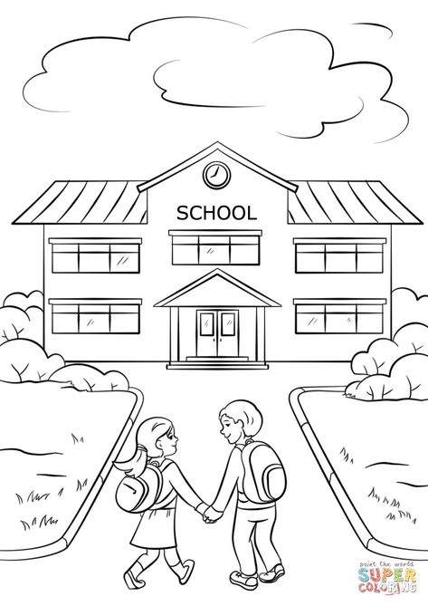 Kids Going To School, School Cartoon, School Coloring Pages, Printable Coloring Sheets, School Building, School Pictures, Printable Crafts, Art Drawings For Kids, Free Printable Coloring