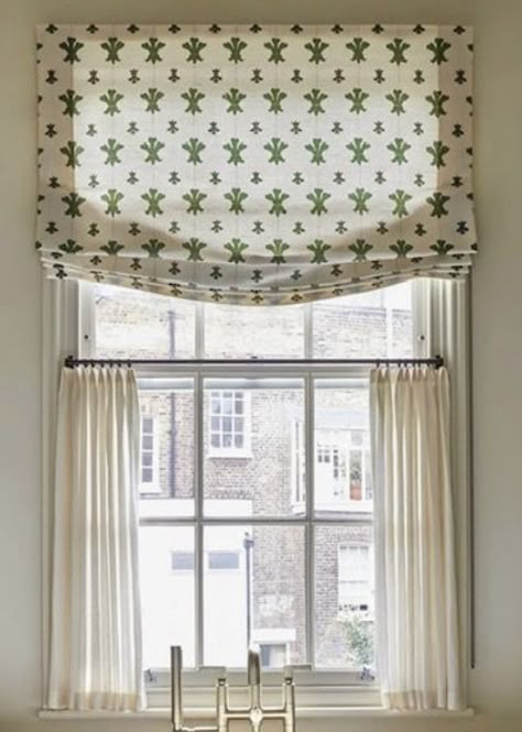 Tiny Window Treatments, Cafe Curtains With Roman Shades, Windows With One Curtain Panel, Roman Shade With Cafe Curtains, Cafe Curtain With Roman Shade, London Blinds Roman Shades, Balloon Shades Curtains, Timeless Window Treatments, Kitchen Drapery Ideas