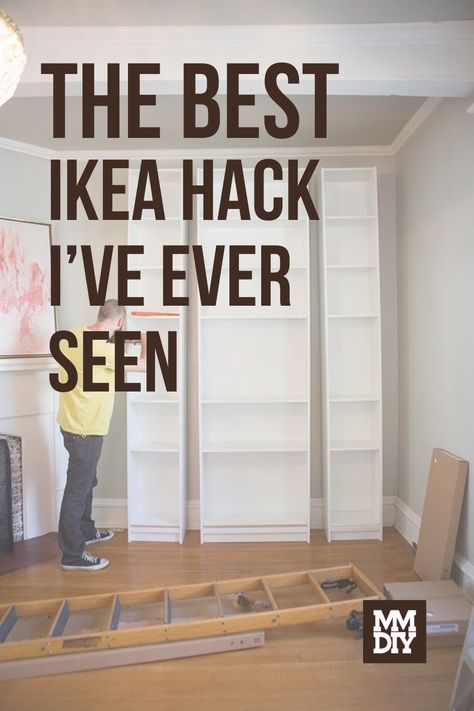 Wall Unit Ideas Bedroom, Ikea Billy Bookcase Hack Drawers, How To Make A Bookcase Look Built In, Wall Storage Unit Ikea, Ikea Hack Bookshelf Wall, Storage For Billy Bookcase, Do It Yourself Bookshelves, Ikea Hacks Wall Unit, Diy Ikea Wall Unit