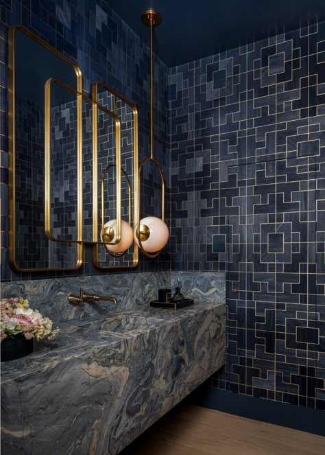 Leather Granite, Imperial Blue, Phillip Jeffries, San Francisco Houses, Interior Minimalista, Custom Chair, Bathroom Mirrors, Powder Bath, Bathroom Inspiration Decor