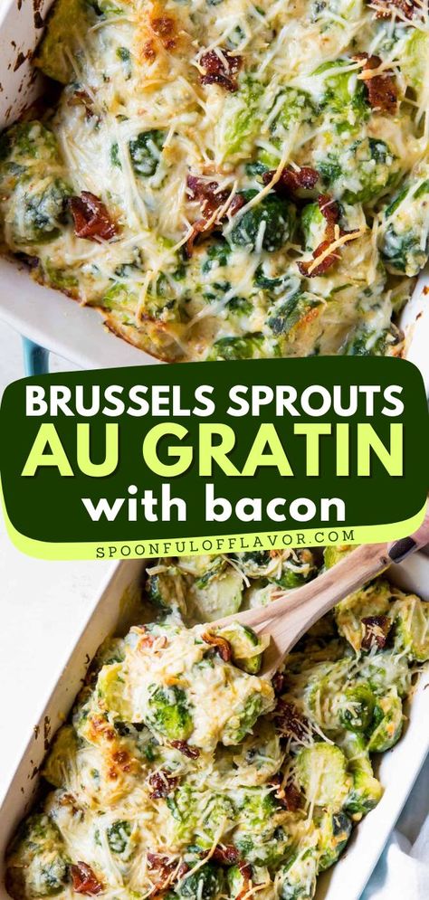 You won't dare to miss out on this Brussels Sprouts Au Gratin with Bacon! This creamy and hearty brussels sprouts recipe is one of the best Thanksgiving side dishes you can try! Pin this Thanksgiving side idea! Brussels Sprouts Au Gratin, Brussel Sprouts Au Gratin, Creamy Brussels Sprouts, Thanksgiving Recipes Side Dishes Easy, Easy Dinner Sides, Brussels Sprouts With Bacon, Thanksgiving Side Dishes Easy, Thanksgiving Side Dish, Bacon Brussel Sprouts