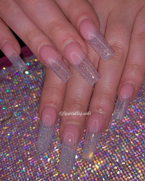 Clear Acrylic Nails With Glitter, French Tips With Glitter Outline, Simple Clear Nail Designs, Long Clear Sparkly Acrylic Nails, Clear Pink Glitter Nails, Clear Glitter Acrylic Nails, Clear Pink Sparkle Nails, Pink Reflective Glitter Nails French Tip, Clear Nail Designs