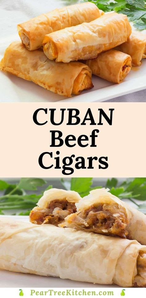 Ground beef seasoned with Sazon and studded with olives and diced potatoes wrapped in buttered phyllo dough baked into golden meat cigars make the best Cuban fusion appetizer or dinner. #recipes #Cubanfusion #appetizer #beef Cuban Beef Cigars, Cuban Empanadas Beef Picadillo Recipe, Sazon Recipes Dinners, Cuban Party Food, Cuban Appetizers For Party, Beef Cigars, Cuban Recipes Authentic, Cuba Recipes, Cuban Picadillo Recipe