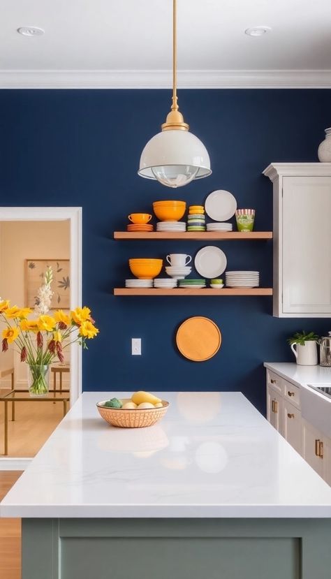 Navy Blue Walls In Kitchen, Blue Kitchen Accent Wall, Dark Blue Kitchen Walls, Blue Walls Kitchen, Blue Walls In Kitchen, Navy Kitchen Walls, Navy Blue Kitchens, Blue Kitchen Accents, Navy Blue Kitchen Ideas