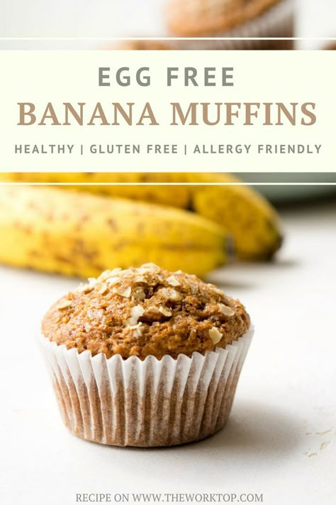 Egg Free Banana Muffins - Light, fluffy and delicious Egg Free Banana Muffins that will satisfy any muffin craving. This recipe for eggless banana muffins can be adapted to suit common food allergies – egg free, dairy free, gluten free, vegan, and low sug Egg Free Banana Muffins, Muffins Without Eggs, Eggless Banana Muffins, Egg Free Muffins, Gluten Free Banana Muffins, Best Banana Bread Recipe, Common Food Allergies, Healthy Banana Muffins, Banana Muffin