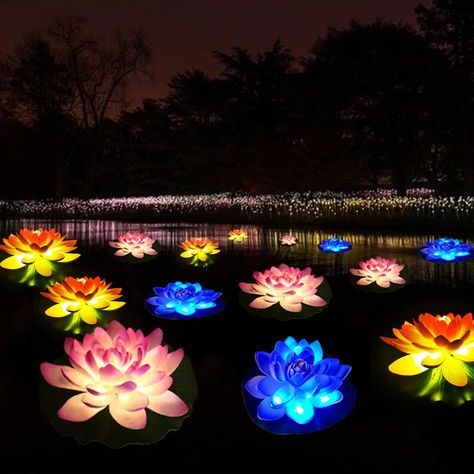 Garden Pool Decorative Lotus Solar Lights,Great idea for water surface decoration View more solar lights Pool Wedding Decorations, Grass Driveway, Glow Garden, Aarti Singh, Solar Flower Lights, Lotus Wallpaper, Room Hanging Lights, Solar Flower, Fairy Lights Bedroom