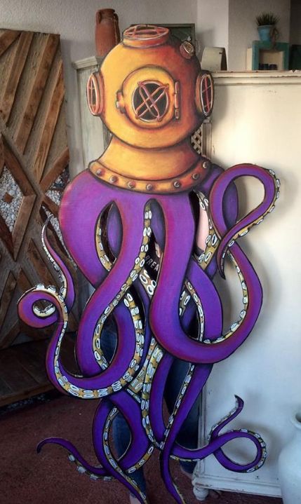 graffiti marker, octopus on cardboard cutout Cardboard Octopus, Cardboard Boat Race, Cardboard Decorations, Boxes Craft, Pirate Halloween Party, Tiki Signs, Octopus Art Print, Cardboard Boat, Under The Sea Crafts