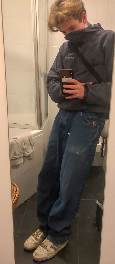 Carhartt Blue Jeans Outfit, Arcteryx Jacket Outfit Men, Carhartt Bag Outfit Men, Blue Arcteryx Jacket, Carhartt Wip Bag Outfit, Men’s Blue Jeans Outfit, Carhartt Jeans Mens, Polar Skate Co Outfit, Arcteryx Outfit Men