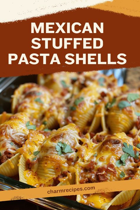 How to Make Mexican Stuffed Pasta Shells Jumbo Pasta Shell Recipes Ground Beef, Enchilada Shells, Ground Beef Stuffed Shells, Mexican Shells, Jumbo Shell Recipes, Mexican Stuffed Shells, Shells Stuffed, Shell Pasta Recipes, Jumbo Pasta Shells