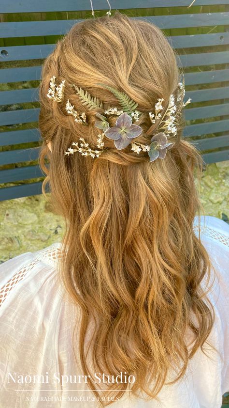 Half Up With Flowers Wedding Hair, Prom Hair With Flowers Half Up, Flowers In Hair Half Up Half Down, Wedding Hairstyles With Greenery, Boho Half Up Hair, Wedding Fairy Hair, Flower Hair Styles, Half Up Hair With Flowers, Flowers Braided Into Hair