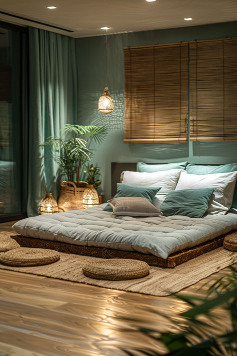 bed on the floor, floor bed, mattress on the floor Low Bed Master Room, Boho Bed On Floor Bedroom Ideas, Only Mattress Bedroom, Bedroom Focal Point Ideas, Matress Ideas Floor Aesthetic Bedroom, Low Floor Bed Design Modern, Minimalist Floor Bed, Floor Couch Bedroom, Bed On The Floor Ideas Cozy Bedroom Small Spaces