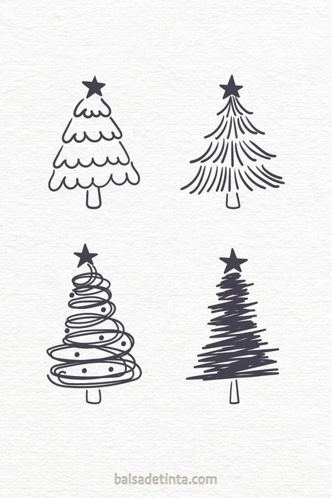 Cuatro ilustraciones de árboles de Navidad en distintos estilos de líneas negras sobre fondo blanco. How To Draw Merry Christmas, Traceable Christmas Drawings, Merry Christmas Drawings Easy, Simple Holiday Drawings, Holiday Graphic Design Inspiration, Christmas Small Drawings, Easy Xmas Drawings, Christmas Cards Drawing Simple, Drawing Of Christmas Tree