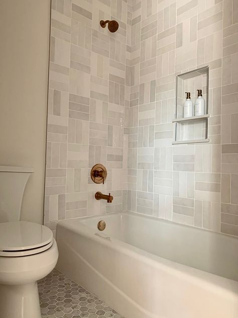 Built In Bathtub Tiles, Bedrosian Chloe Tile Bathroom, Grey Cloe Tile Bathroom, Chloe Tile Bedrosians, Square Shower Floor Tile, Cleo Tile Bathroom, Cloe White Tile Bathroom, Chloe Tile Shower Ideas, Bedrosians Celine Tile