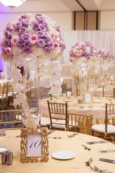 Lavender and Pink Wedding at Marriott Marquis — ArtQuest Flowers Lavender And Pink Wedding, Pink Centerpieces, Tall Wedding Centerpieces, Quince Decorations, Quinceanera Decorations, Lilac Wedding, Bride Magazine, Quince Ideas, The Wedding Date