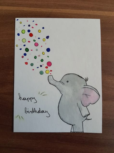 Watercolour Birthday card 
"Happy birthday!"
Elephant blowing confetti/bubbles Simple Watercolor Birthday Card, Happy Birthday Doodle Cards, Watercolour Birthday Card Ideas, Watercolour Birthday Card, Elephant Birthday Card, Happy Birthday Doodles, Birthday Doodle, Happy Birthday Cards Diy, Watercolour Cards