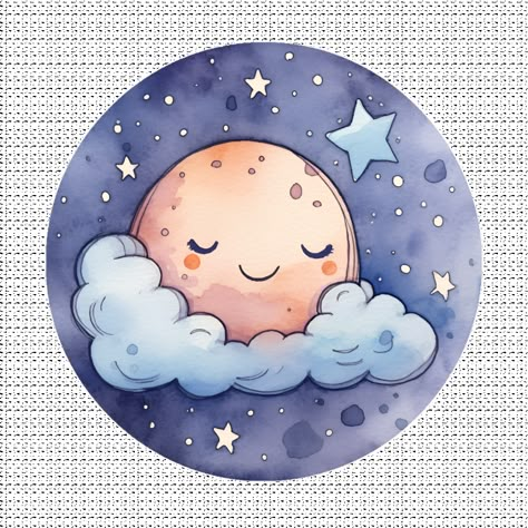 Kawaii Moon Night Sky Watercolor Clipart AI Generated Moon Cute Drawing, Cute Moon Drawing, Moon For Kids, Night Sky Watercolor, Kawaii Moon, Moon Watercolor, Moon Clipart, Sky Watercolor, Moon Cartoon