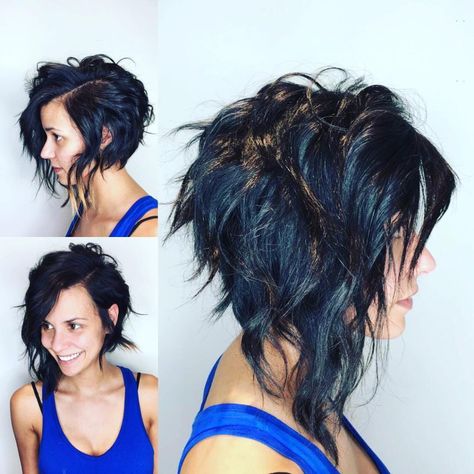 Edgy Angled Asymmetric Razor Cut Bob with Wavy Texture and Black Color Medium Length Hairstyle Asymetrical Haircut Edgy, Feminine Punk, Blonde Dip Dye, Long Bobs, Hairstyle Hairstyle, Edgy Haircuts, Punk Hair, Super Hair, Women's Hairstyles