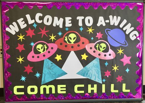 Ra Space Theme, Ra Welcome Board, Welcome Back Bulletin Boards College, Welcome Back Bulletin Board Ideas, Space Theme Bulletin Boards, Alien Bulletin Board, Purple Bulletin Board, Space Bulletin Board Ideas, 80s Classroom