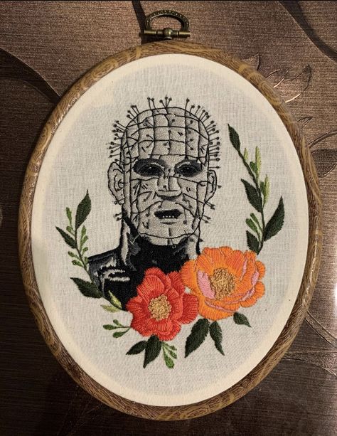 #diy #handembroidery #embroidery #horrormovies #horror #pinhead #cenobite #🧵 Horror Movie Embroidery, Horror Embroidery Patterns, Embroidery Witchcraft, Bordados Aesthetic, Spooky Sewing, Horror Embroidery, Horror Cross Stitch, Charts Patterns, Horror Crafts