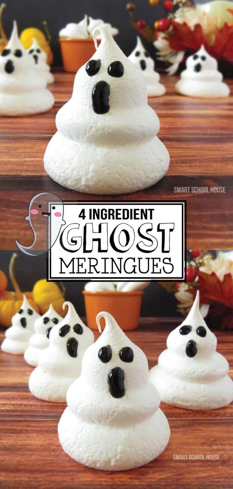 Ghost Meringues ? Ghost Treats Halloween, Meringue Ghost Cookies, Ghost Dessert Ideas, Meringue Ghosts Recipe, Merengue Ghosts, Halloween Meringue Cookies, Ghost Snacks, Ghost Cakes, Meringue Halloween