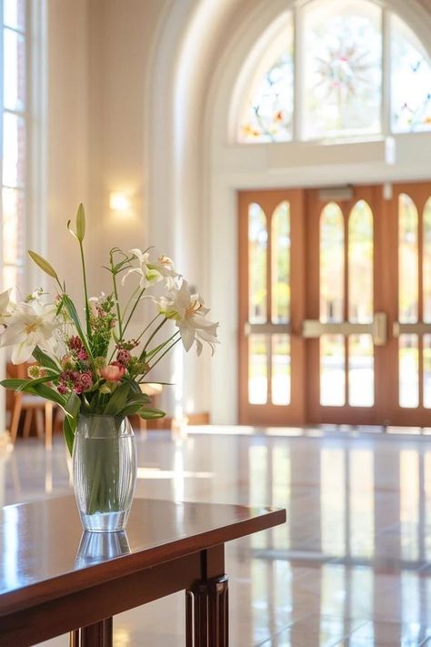 Welcoming Small Church Foyer Design Ideas Church Entrance, Church Foyer, Church Lobby, Balcony Bar, Lobby Decor, Porch Windows, Elegant Console Table, Church Pictures, Foyer Design