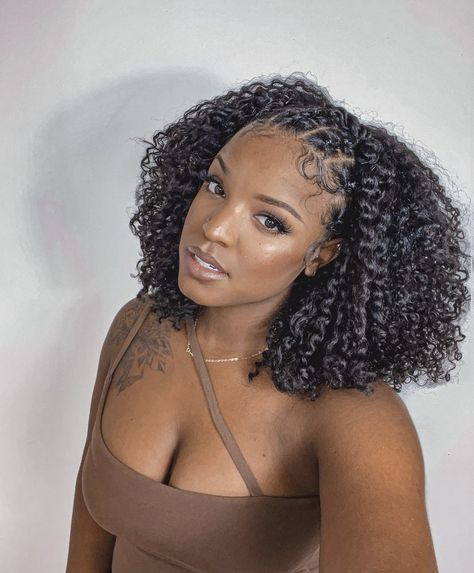 Braids In Front Curls In Back Natural Hair, Braids And Natural Curls, Curly Hair With Cornrows, Down Natural Hairstyles, Summer Natural Curly Hairstyles, Twists In Front Curls In Back, Braid With Curly Hair In The Back, Black Girls Vacation Hairstyles, Crochet Hairstyles For Black Women Short