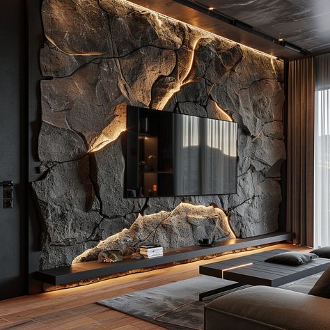 Rock Accent Wall Living Room, Stone Wall With Tv, Stone Tv Wall, Interior Stone Wall, Stone Wall Interior, Best Greige Paint, Best Greige, Interior Accent Wall, Deco Cinema