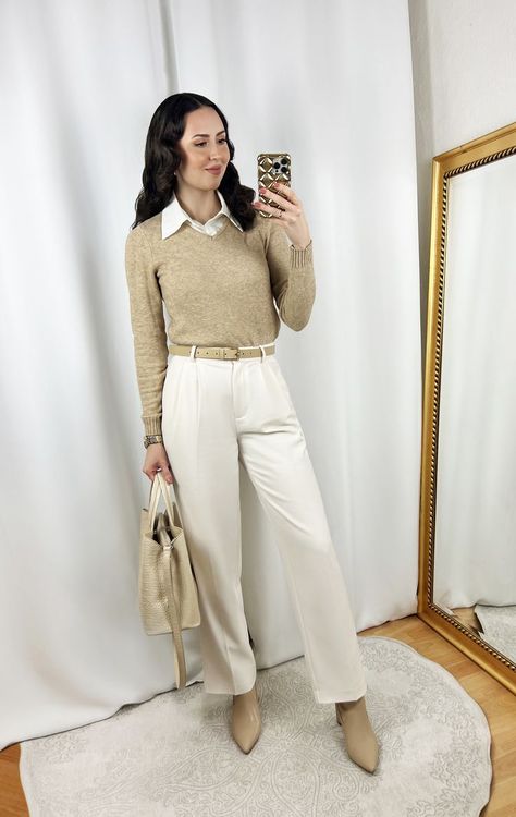 Beige Sweater with White Collar Outfit White Collar Outfit, Comfortable Business Casual Outfits, Sweater With White Collar, Beige Sweater Outfit, Comfortable Business Casual, Outfits Layering, Brown Satin Dress, Casual Office Fashion, Collar Outfits