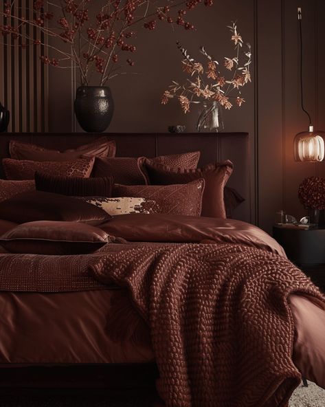 Creating the Ultimate Romantic Retreat: 25 Dark Cozy Bedroom Ideas Dark Red Bedroom Decor, Red Brown Bedroom Ideas, Dark Brown Comforter Bedroom, Dark Red Moody Bedroom, Stylish Bedroom Ideas For Couples, Chocolate Brown Bedroom, Redish Brown Bedding, Chocolate Bedroom Ideas, Bordeaux Bedroom